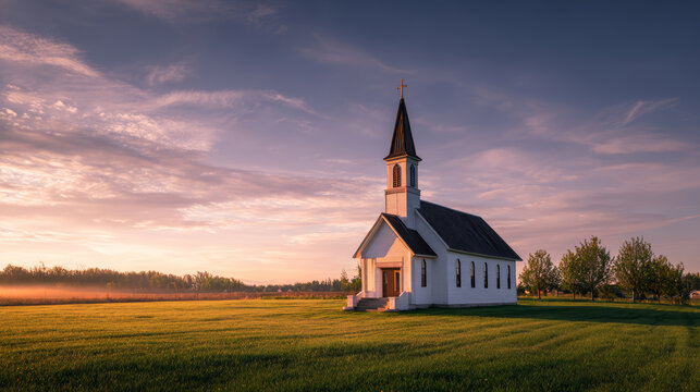White church rural landscape sunrise light green field country scene wooden chapel steeple blue sky morning mist tranquil mood Graceful white