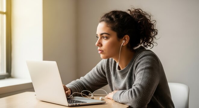 Young hispanic female studying on laptop with earphones by a window - Powered by Adobe