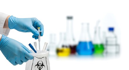 Scientist putting used pipette tips into biohazard bag isolated on white background