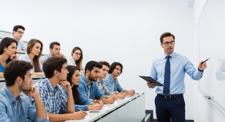 Engaged young adults in lecture with caucasian male professor teaching