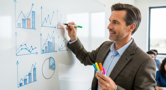 Caucasian male adult analyzing graphs on whiteboard in office meeting