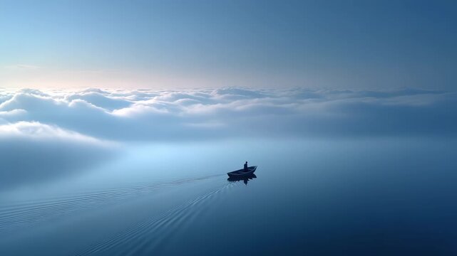 A Lone Boat Sails Above the Sea of Clouds