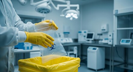Medical professional disposing of biohazard waste in a hospital setting carefully