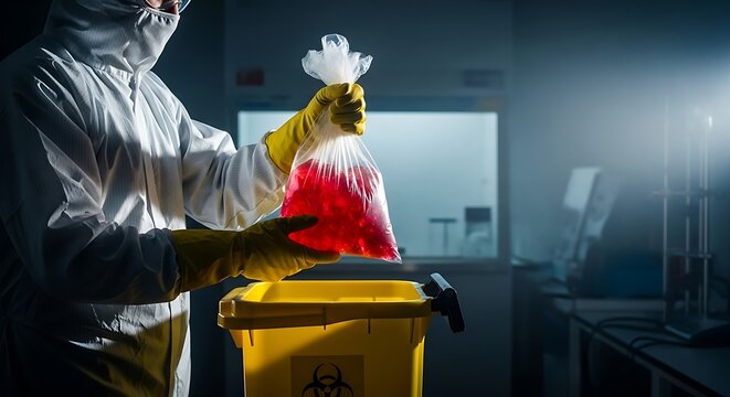 Scientist in hazmat suit disposing of biohazardous waste in laboratory