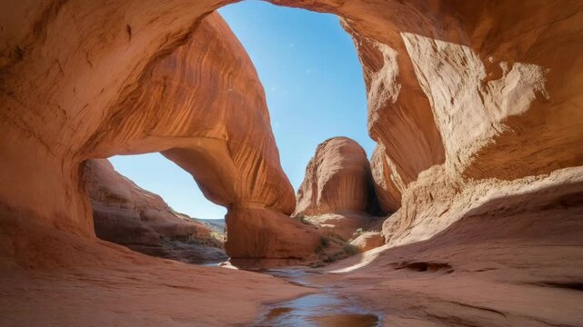 Natural sandstone arch formation with a small stream flowing through a desert canyon