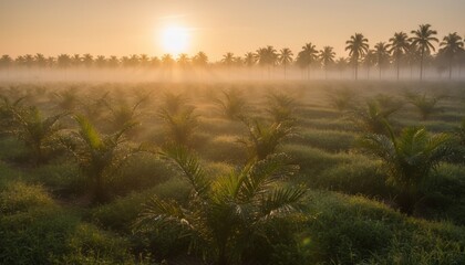 Sunrise Over a Misty Palm Tree Plantation.