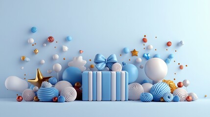 A whimsical collection of decorative spheres, a gift box, and a star, all in shades of blue and white, creating a celebratory atmosphere.