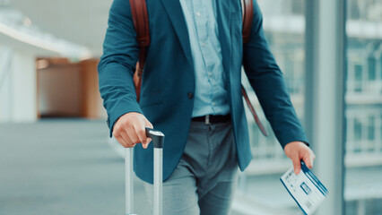 Person, hands or travel with suitcase in airport for business journey, work trip or commute. Ticket, employee or traveler with luggage or international boarding pass for departure or job opportunity