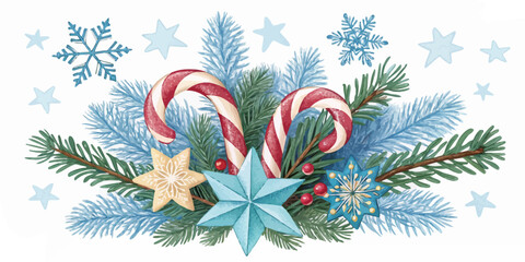 Vector  christmas  watercolor christmas composition with candy canes and pine branches