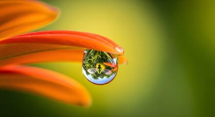 Macro Water Droplet on Orange Petal with Nature Reflection