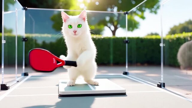 White cat hits balls with red racket during game of padle. Fun video of fluffy, adorable pet playing compact, popular tennis game on outdoor court with glass walls.
