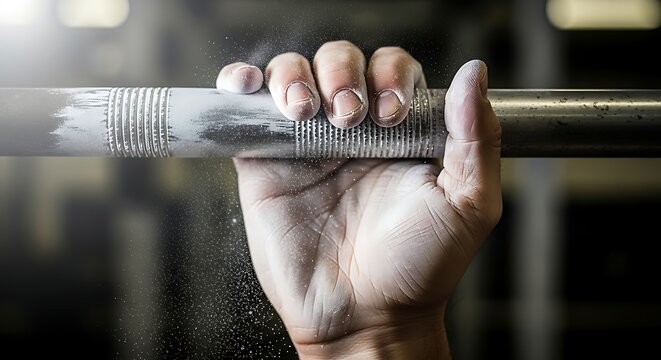 Close-up of Hand Gripping Barbell with Chalk Dust for Strength Training