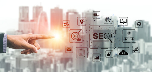 SEO concept for improving SEO visibility, with SEO related digital tools and SEO performance icons shown in an focused layout for strategic marketing. Spline