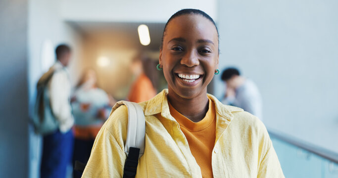 College, portrait or woman in hallway with smile, knowledge or scholarship in study opportunity. Happy, bag and student in university with confidence, education and pride in academic funding.
