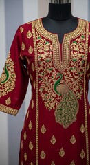 Elegant maroon kurti with intricate golden embroidery and peacock motif design