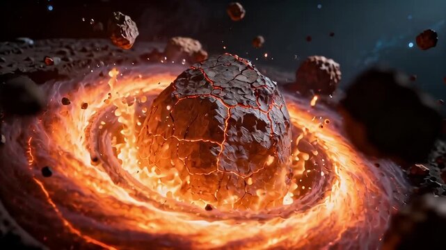 Fiery Asteroid Field: Molten Rock and Cosmic Debris in Deep Space Animation