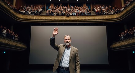 Mature caucasian male waving on stage with audience in theater