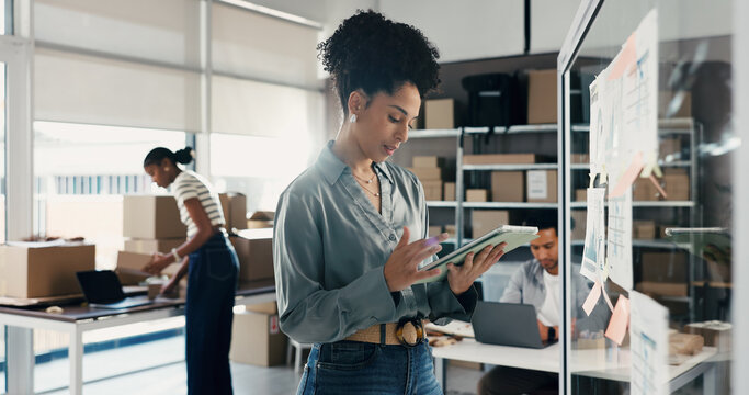 Glass wall, logistics and woman with tablet for planning, ecommerce ideas or analysis. Technology, reading and entrepreneur with board for shipping, distribution strategy or business graphs in office