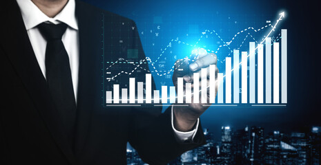 A business professional is analyzing financial growth data on a sleek digital graph, showcasing growth trends against a city skyline backdrop at night. Impute