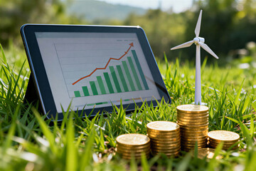 Hopeful new year renewable energy concept with investment growth chart on tablet. Green power saving and profit idea
