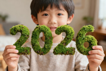 Happy Asian boy holding 2026 moss numbers. new year concept for future with renewable and sustainable energy