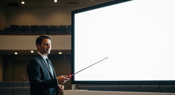 Male caucasian adult presenter using laser pointer in conference room