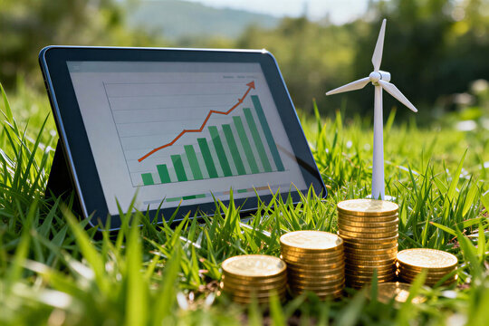 Hopeful new year renewable energy concept with investment growth chart on tablet. Green power saving and profit idea