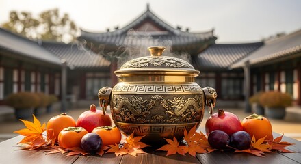 Ornate Golden Korean Pot with Autumn Harvest Display