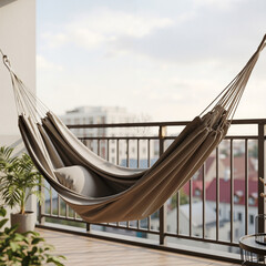 Cozy fabric hammock stretched diagonally across a modern city balcony  