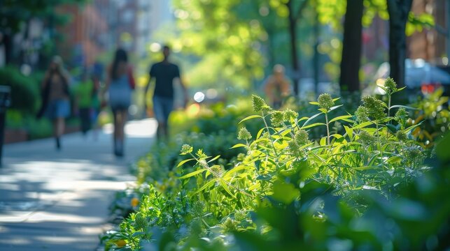 Vibrant Green Foliage and Blurred City Walkers on a Sunny Day