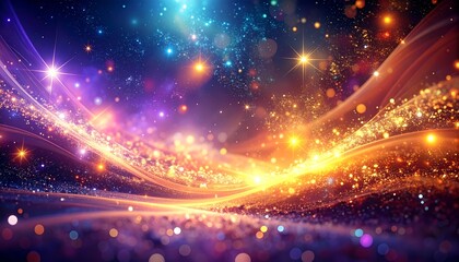Celestial scene with flowing waves of light and sparkling dots