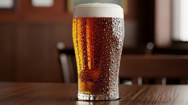 A tall glass of cold, fizzy beer with a foamy head sitting on a wooden table in a cozy pub setting