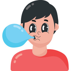 Pixelated Portrait of a Young Person Blowing a Large Blue Bubblegum Bubble with Wrinkled Nose and Dark Hair Wearing a Red Shirt Against a Transparent Background