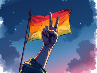 Ally symbol supporting hand on protest banner against starry night vector illustration