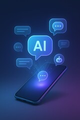 Fototapeta premium AI Chatbot Interface Hovering Above Smartphone in Futuristic Digital Style