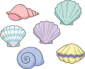Colorful seashell illustration set featuring spiral, scallop, and clam shapes in pink, mint, lavender, blue, and yellow