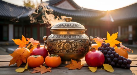 Traditional Autumn Harvest Still Life with Korean Pottery