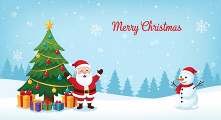 Festive Santa Claus and Snowman Celebrate Merry Christmas with Gifts Under a Tree, Bringing Holiday Cheer and Winter Magic for Seasonal Greetings