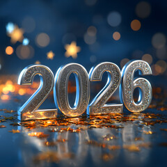 Sparkling silver 2026 new year celebration with bokeh background