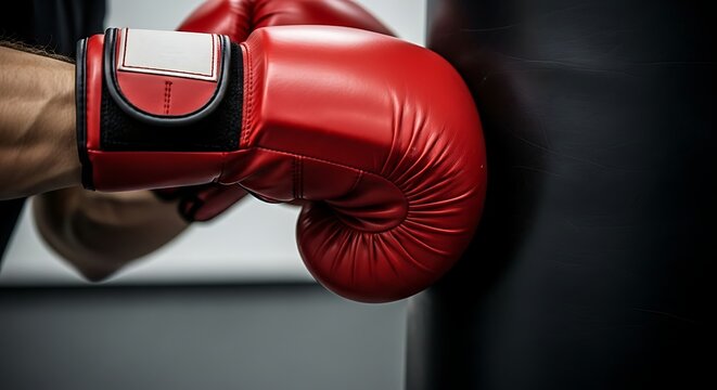 Red Boxing Gloves Hitting a Punching Bag in Gym, Close Up