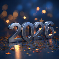 Metallic 2026 numerals with bokeh lights and confetti for a new year celebration