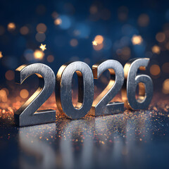 Shiny metallic 2026 numerals with bokeh lights for a new year celebration event