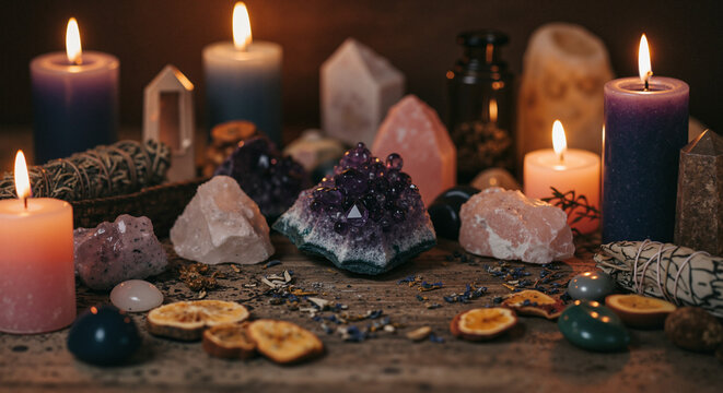 Spiritual altar with candles and crystals in warm lighting  