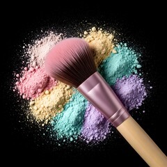 Pastel Makeup Brush with Colorful Powder on Black Background
