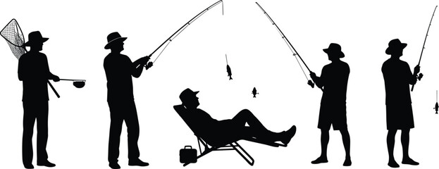 Fisherman silhouette vector set, man fishing with rod, outdoor hobby, catching fish, angling sport collection, recreational activity illustration