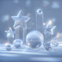 Photorealistic frosted glass Christmas shapes — stars & baubles