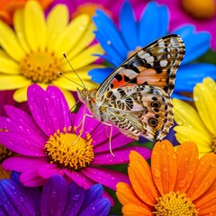 Vibrant Butterfly Resting on Colorful Dewy Flowers