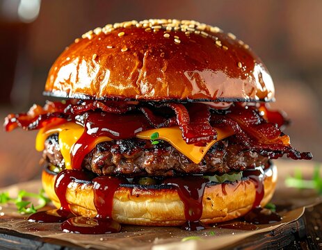 Close-up of a juicy hamburger with bacon, cheese, and glaze on a bun - Powered by Adobe