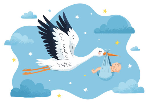 Cute Stork Carrying Baby Vector Illustration - Baby Shower Announcement & Nursery Decor Graphic