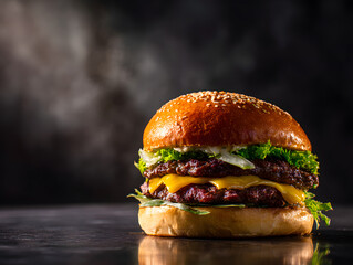 Delicious double cheeseburger with fresh lettuce and melted cheese on dark surface